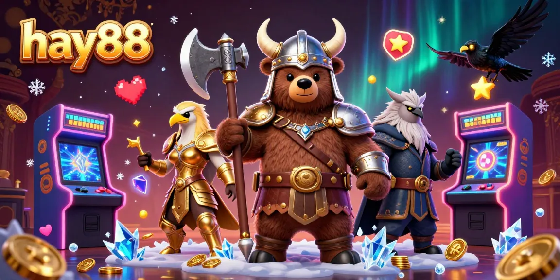 Experience hay88's thrilling gaming adventure with a Viking bear and Valkyrie eagle amidst casino elements.