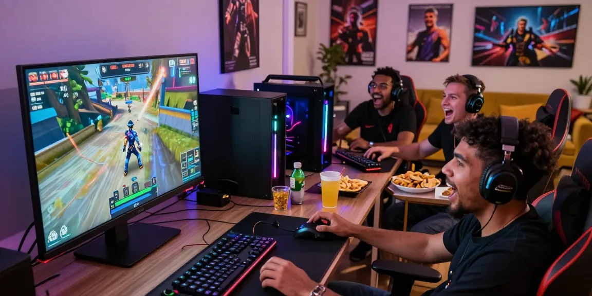 Diverse gaming group enjoying a multiplayer video game session, hitclub community vibe.