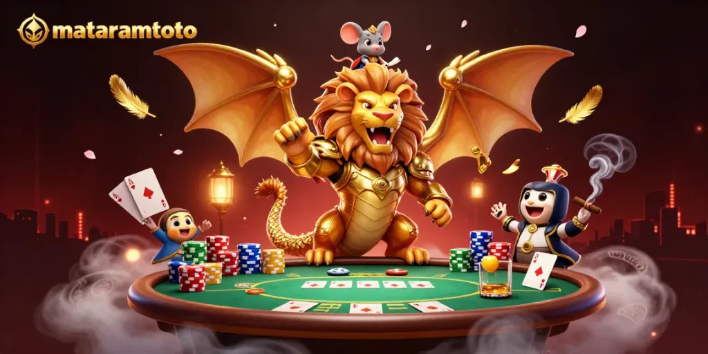 Experience thrilling poker action with mataramtoto, featuring a chimera and a mouse jockey in a vibrant casino scene.