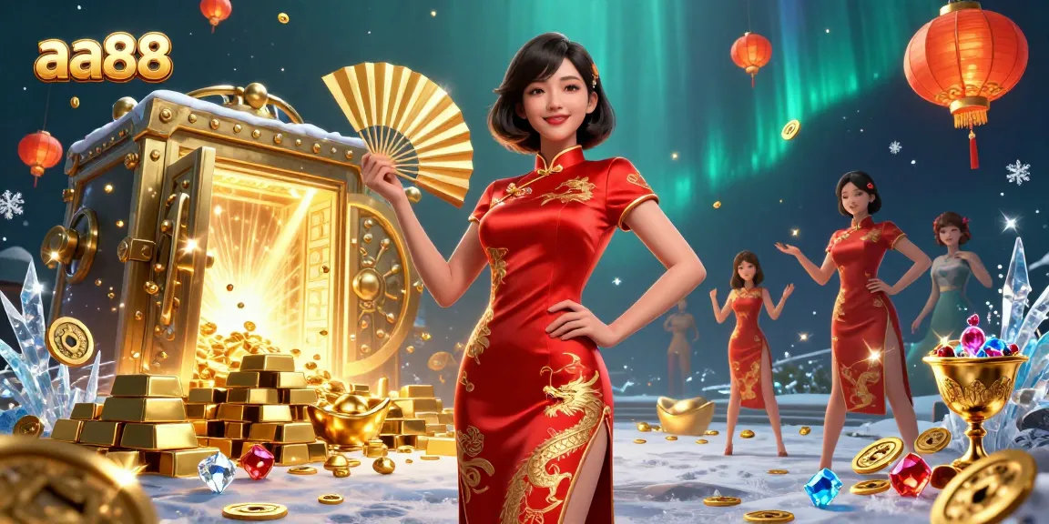 Experience the thrill at aa88 as the confident woman holds a fan surrounded by gold coins, gems, and prizes.
