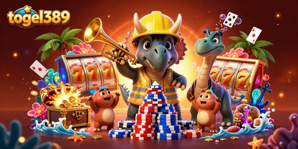 Togel389 shows strategizing triceratops building poker chip pyramid amidst casino excitement.