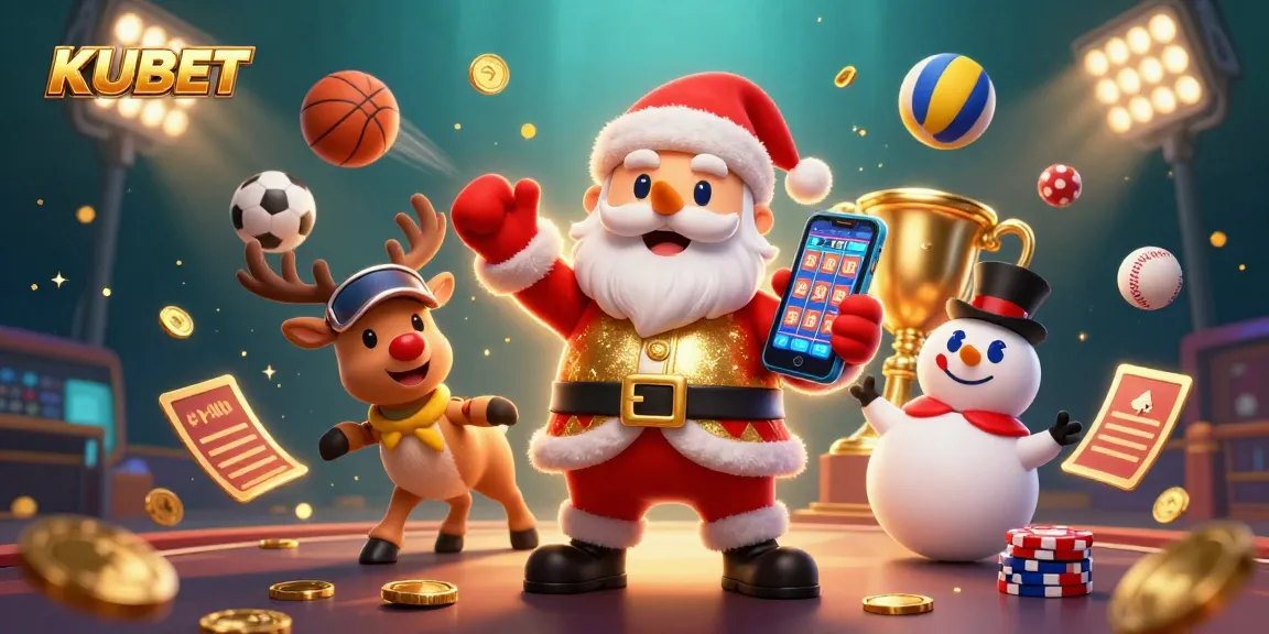 KUBET's 3D cartoon illustration showcases a vibrant casino scene with Santa Claus, reindeer, and snowman, celebrating jackpots.