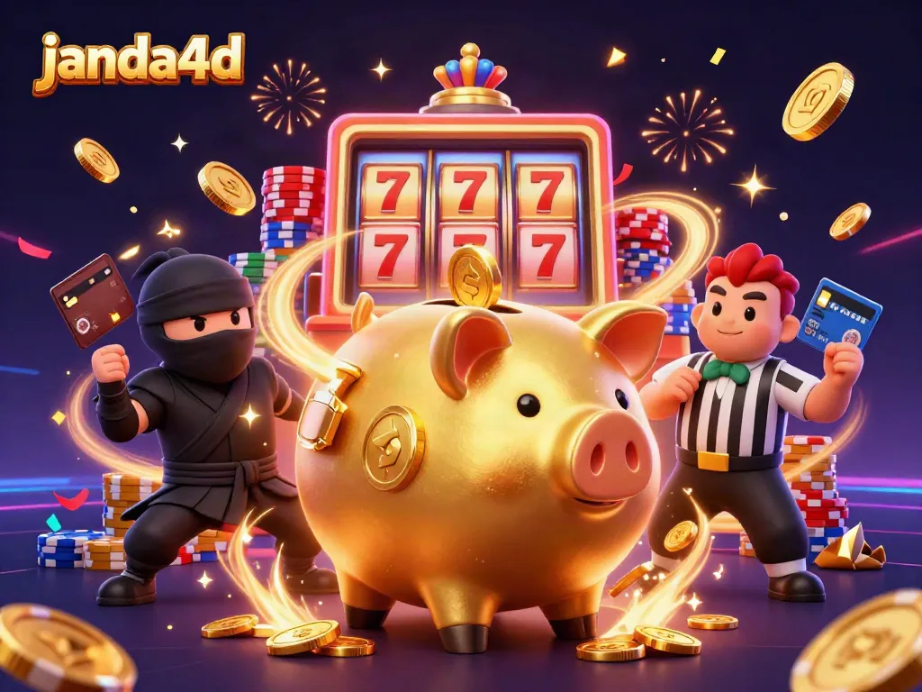 Permainan slot di janda4d dengan karakter sumo, ninja, dan samurai, dikelilingi koin berkilau.