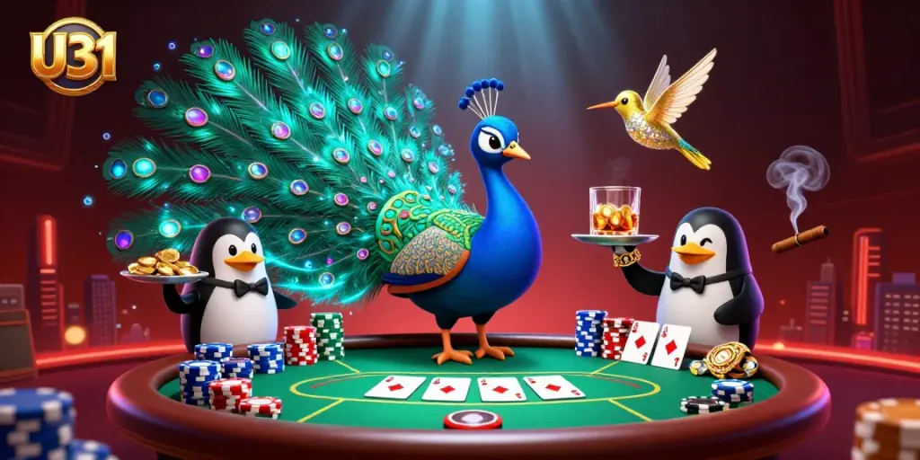 Win big at U31 Casino with a peacock mascot and poker action in an engaging atmosphere.