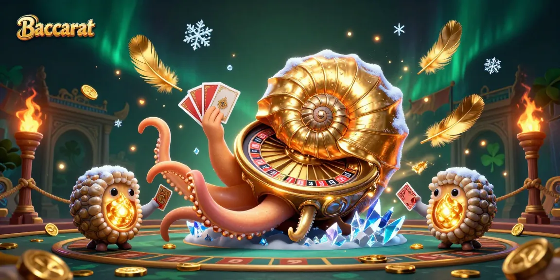 Baccarat players are immersed in a vibrant game scene featuring a vibrant golden nautilus roulette wheel and glowing ammonites.