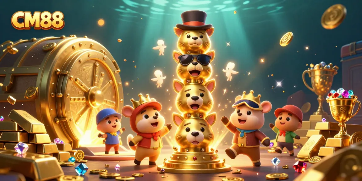 Experience the excitement of CM88 Casino with a vibrant 3D illustration showcasing gaming treasures and action.