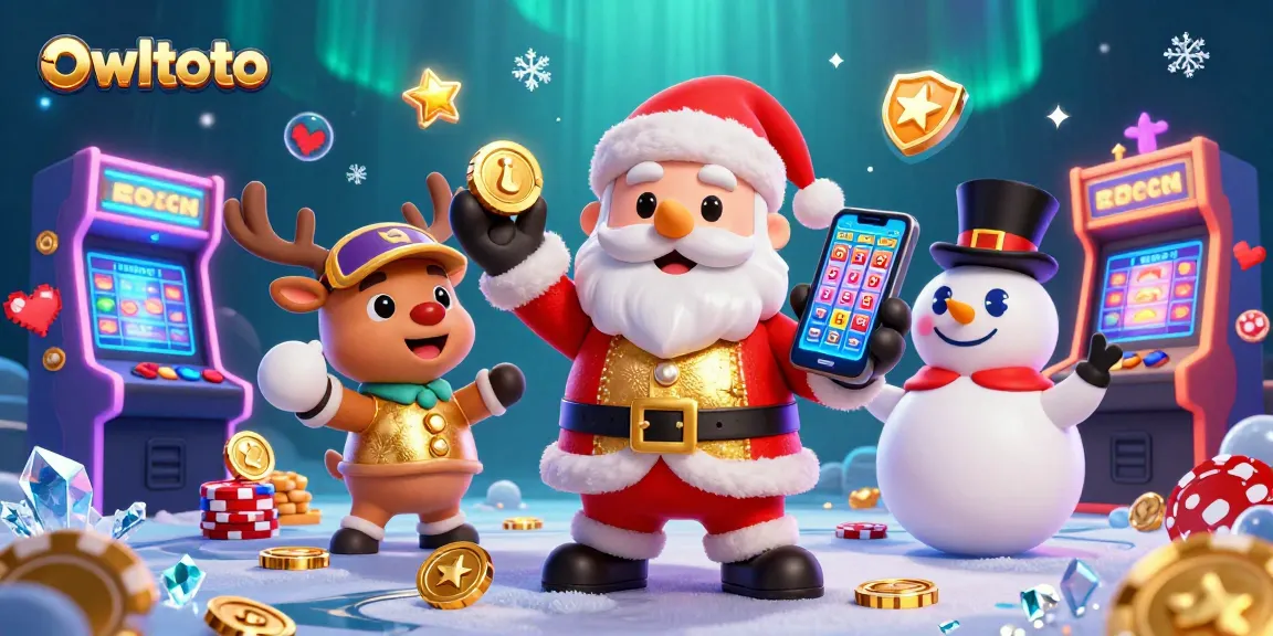 Play slots with owltoto in a festive casino scene featuring Santa, his reindeer, and a snowman.