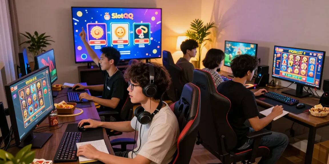 Excited players enjoying SlotQQ QQHOLIC online games with screens filled with colorful graphics.