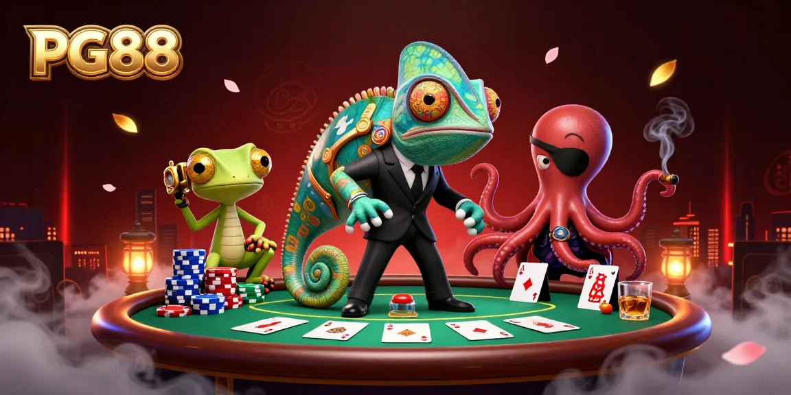 Experience exciting poker action with PG88 at this vibrant casino illustration featuring colorful characters.