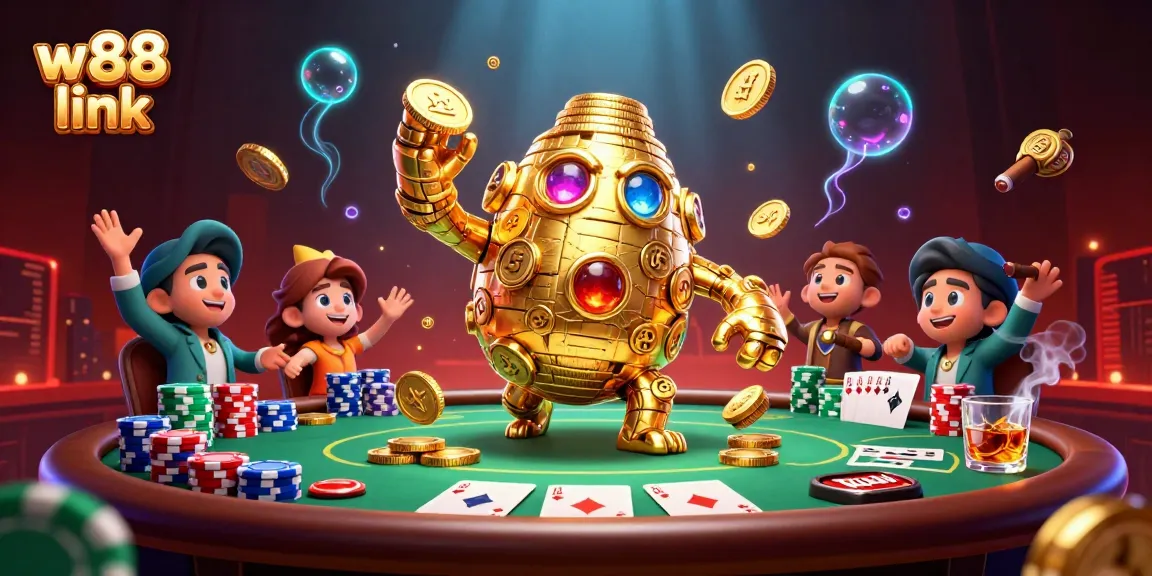 Experience the w88 link in a vibrant casino scene with a golden golem and poker elements.