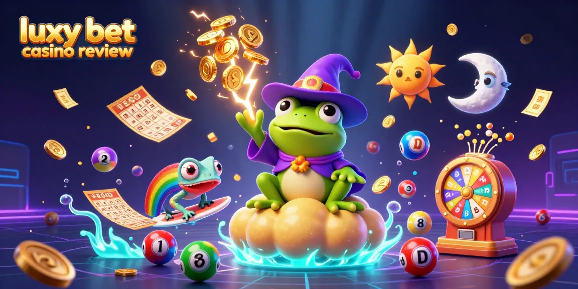 Experience the luxy bet casino review with a vibrant 3D scene of a wizard frog creating coin storms.