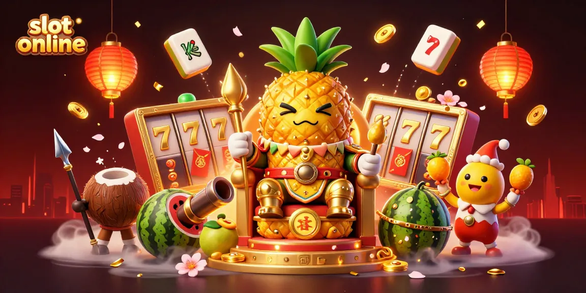 Putar slot online dengan karakter unik seperti raja nanas emas dan penjaga kelapa dalam ilustrasi kasino yang meriah.