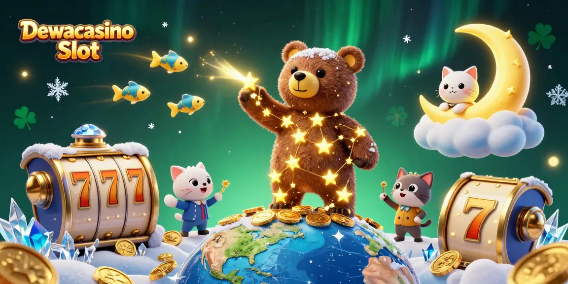 Dewacasino Slot showcases a 3D cosmic scene with a constellation bear collecting coins amid dynamic gaming elements.