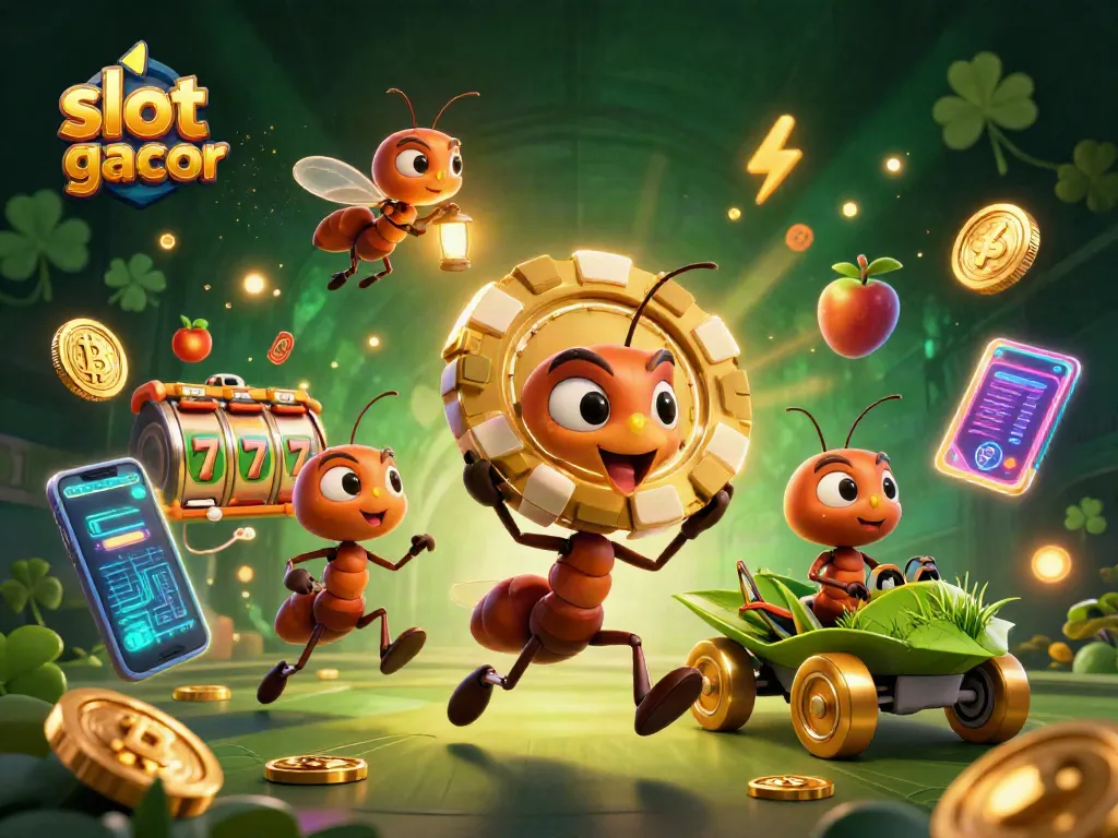 Slot gacor menampilkan desain berwarna cerah dengan karakter kartun semut yang menarik, membawa chip jackpot emas.