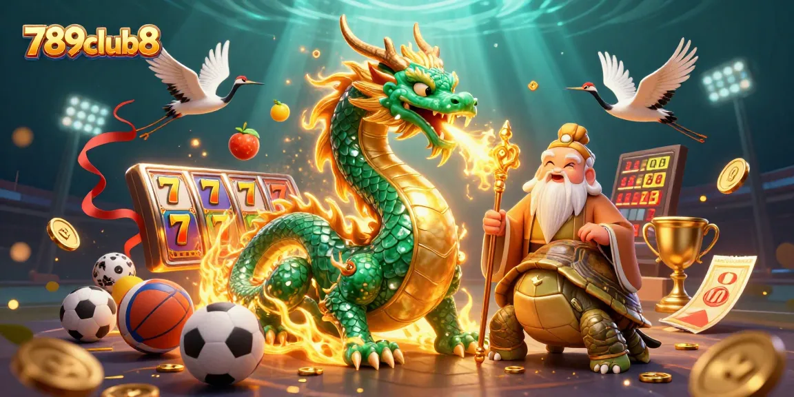 Experience the thrilling action of 789club8 with a vibrant 3D illustration featuring a dragon and casino elements.