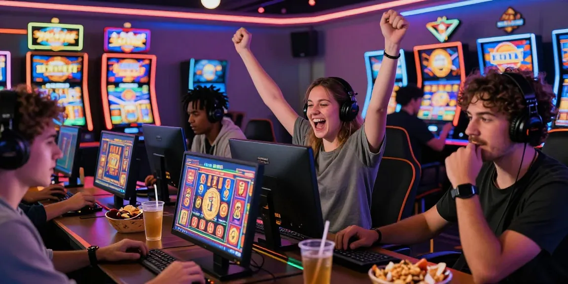 Permainan slot online di kasino digital dengan pemain merayakan jackpot di layar.