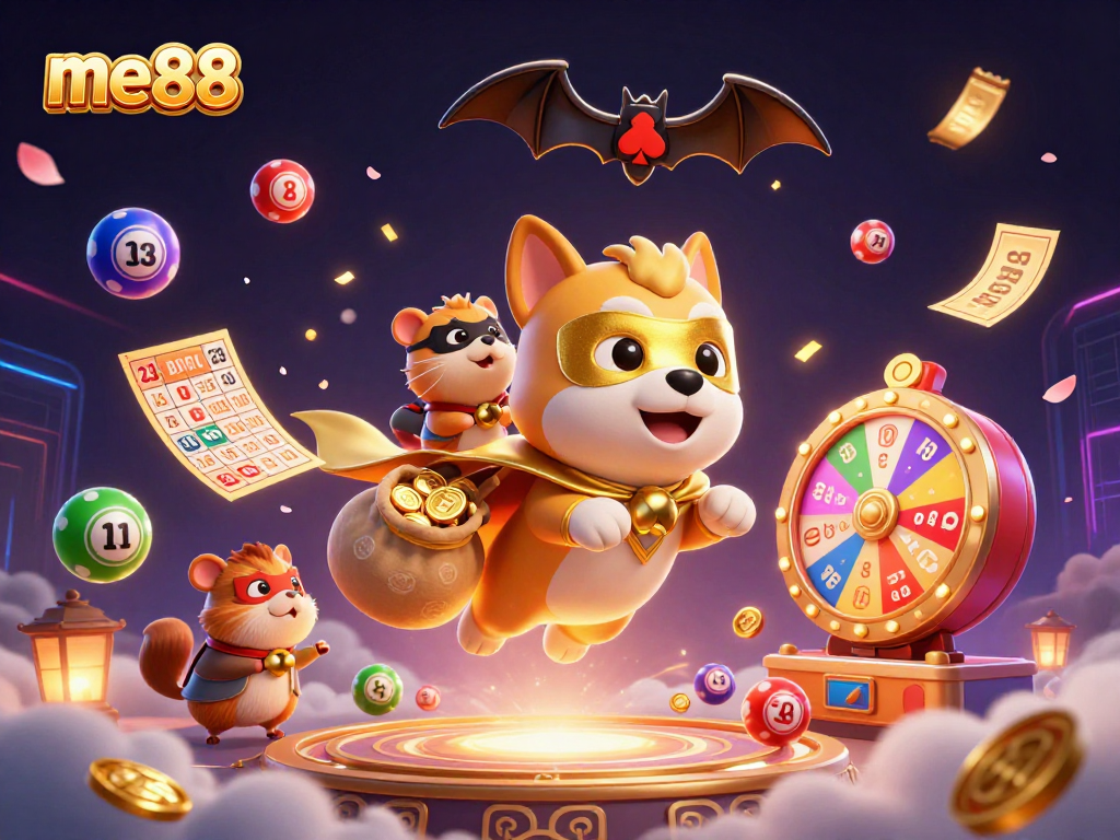 me88 casino illustration showcasing the superhero dog flying with gold coins amidst lottery elements, poker chip lights.