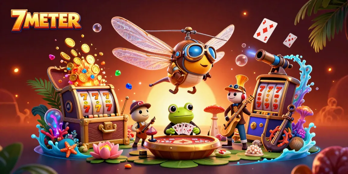 Experience the vibrant world of 7METER with a lively dragonfly pilot and frog croupier in a dynamic casino scene.