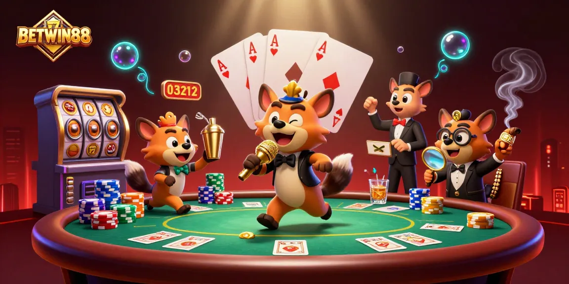 Depicting BETWIN88's vibrant casino scene with hyenas providing entertainment and gaming action.