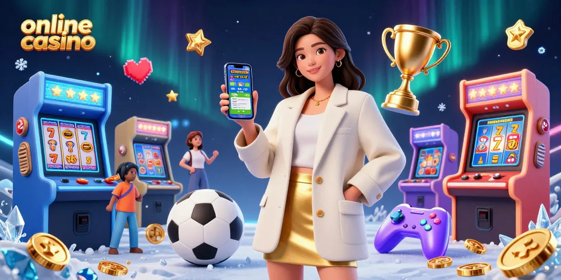 Play exciting online casino games with a friendly woman holding a mobile app surrounded by vibrant elements.