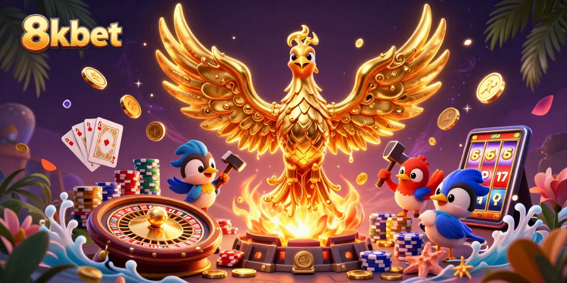 Win big at 8xbet with vibrant games featuring golden coins, casino elements, and dynamic scenes.