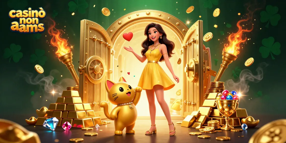 I casinò non AAMS mostrano momenti vincenti con una donna sorridente e un gatto fortunato d'oro in mezzo a un tesoro.