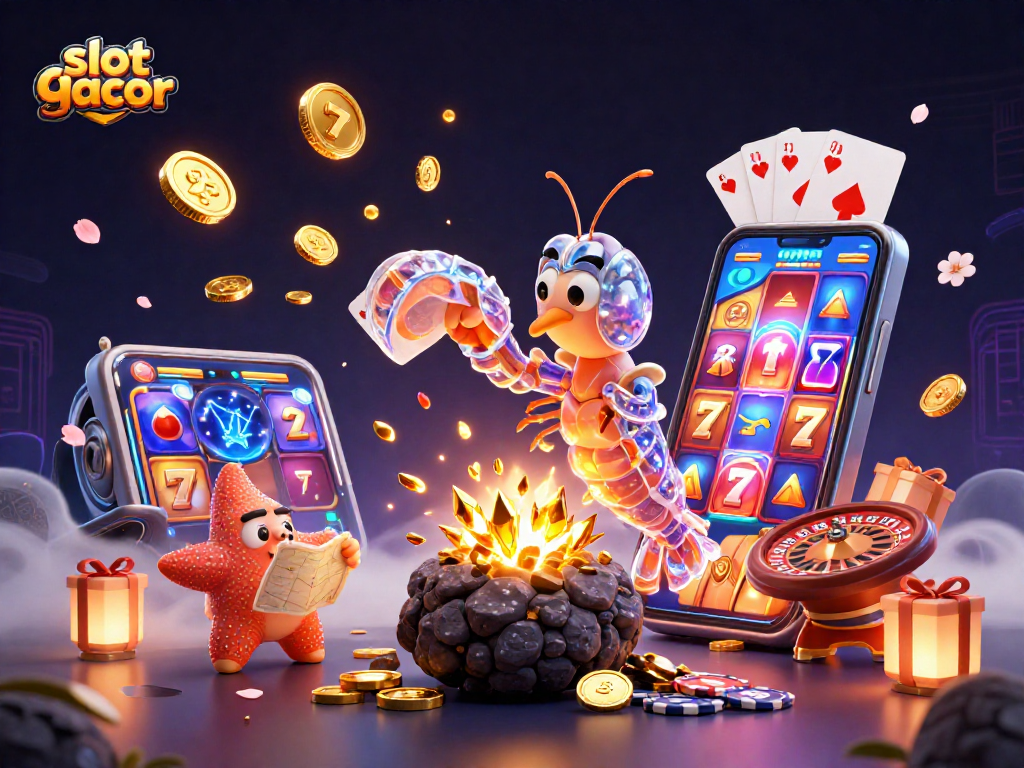 Mainkan slot gacor dengan karakter unik dan berbagai elemen menarik di latar belakang kasino.