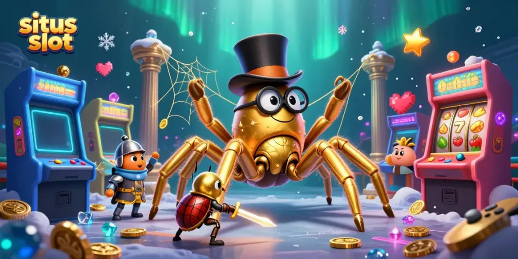 Permainan situs slot yang menarik dengan simbol keberuntungan dan karakter juara di kasino.