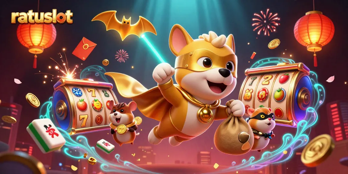 Experience the thrill of ratuslot with a superhero dog delivering winnings in this vibrant casino illustration.