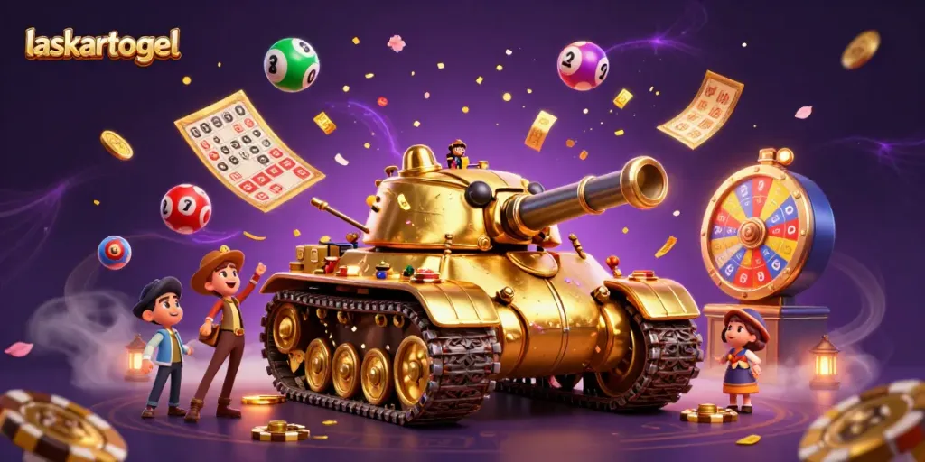 Experience the excitement of laskartogel with a dynamic casino scene featuring golden elements and animated lottery balls.