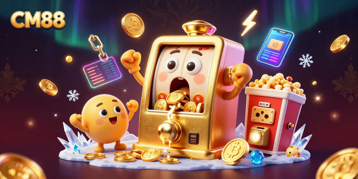 CM88 celebrates wins with cartoon slot machines in a vibrant casino scene filled with coins and digital bonuses.