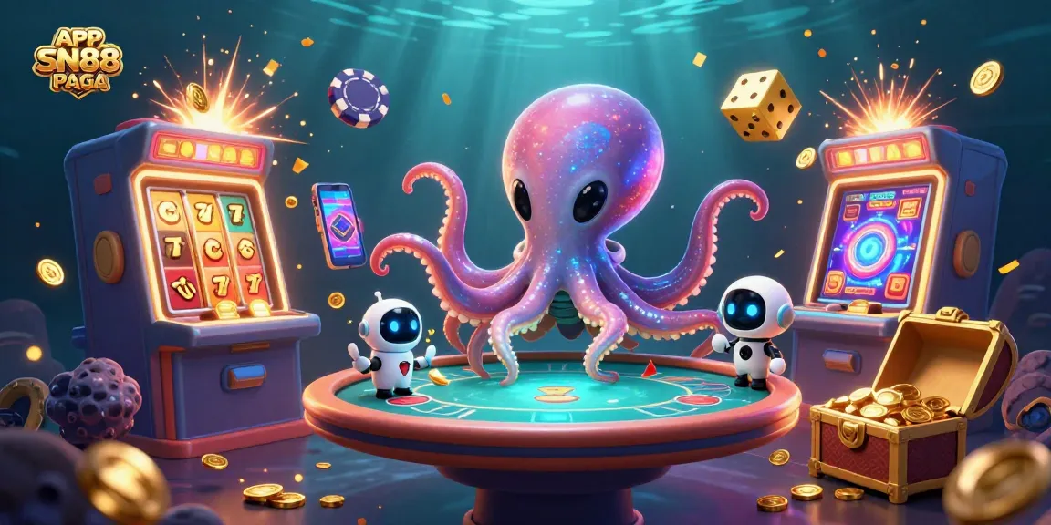 Immerse in APP SN88 PAGA as an alien octopus runs a holographic poker game amidst jackpots and casino excitement.