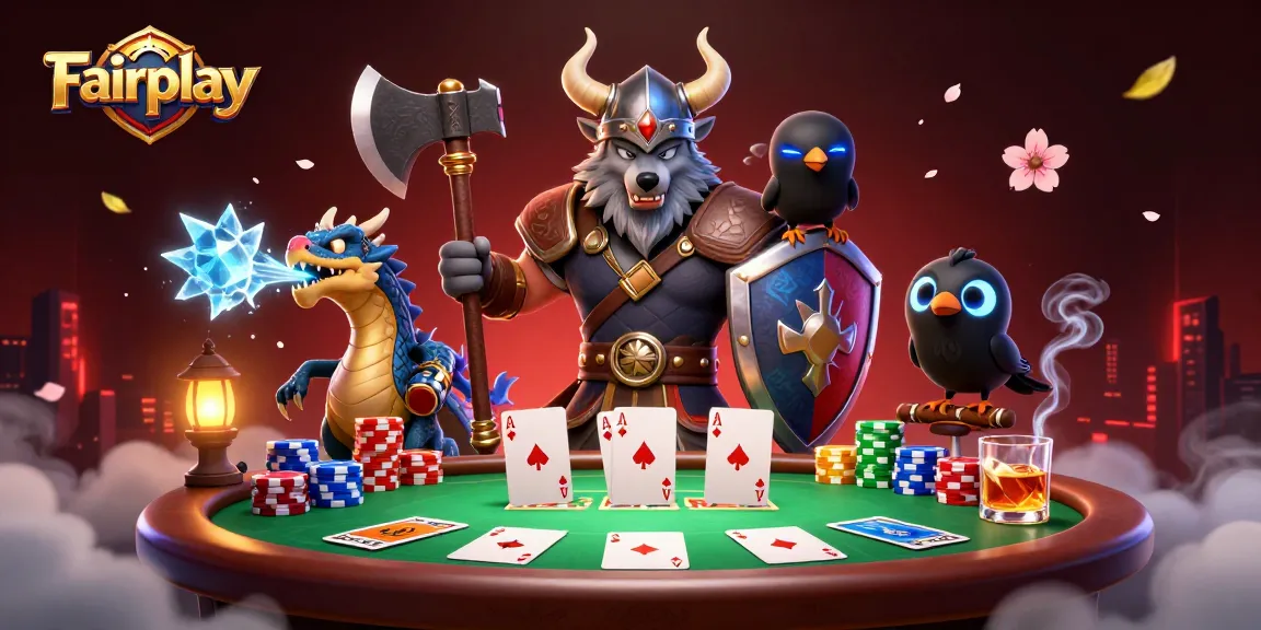 Engage in Fairplay at this dynamic poker scene with a Viking wolf warrior and dragon.