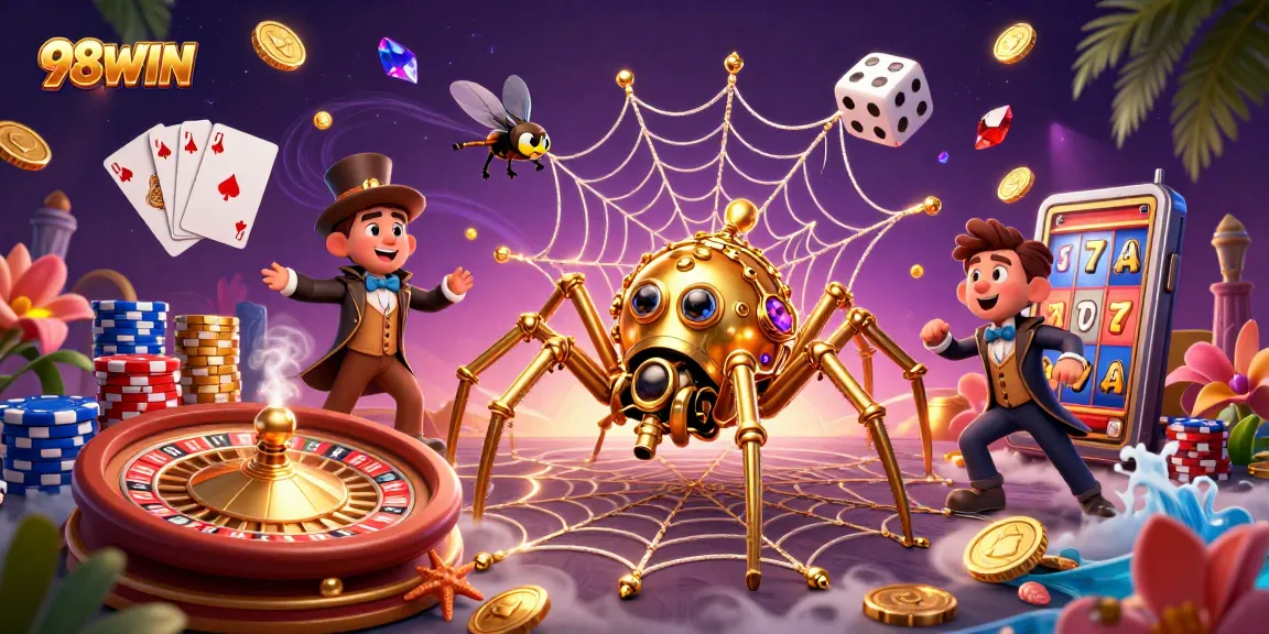 Experience thrilling gameplay with 98WIN's steampunk chaos of golden chips, coins, and vibrant gambling elements.
