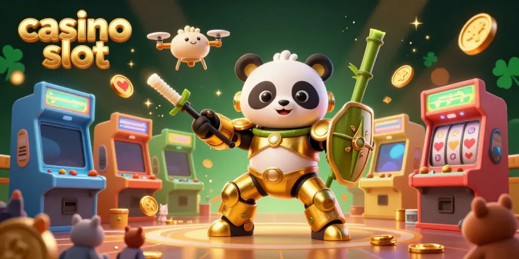 Engage with vibrant casino slot fantasy featuring a golden panda in a mech suit.