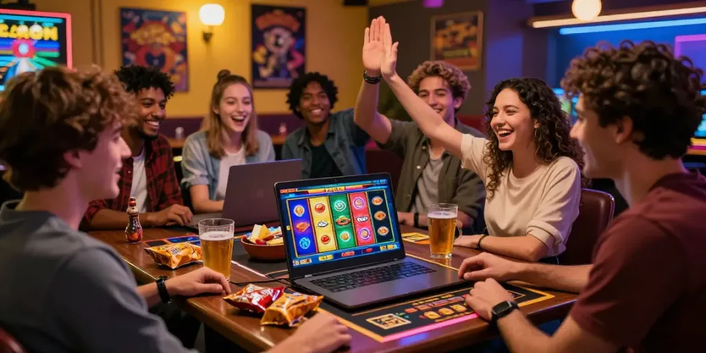 Friends enjoying slot online gaming session with snacks and drinks