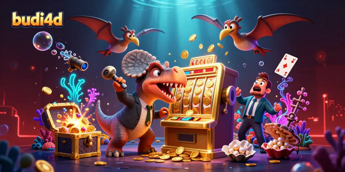 Budi4d engages gamblers with a thrilling scene of an animated dinosaur winning on a slot machine, surrounded by coins and vibrant casino elements.