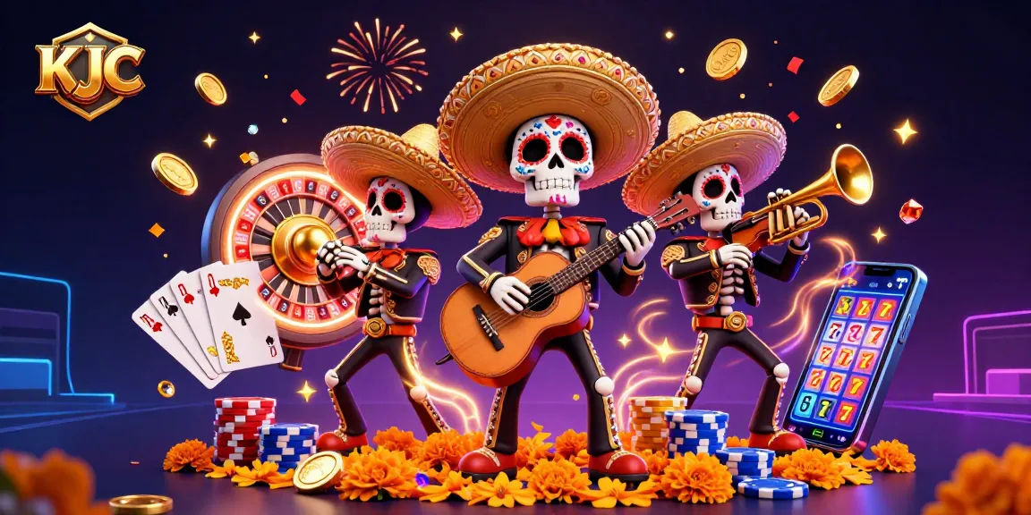 KJC's vibrant mariachi band celebrates with golden coins and poker elements in an electric casino scene.