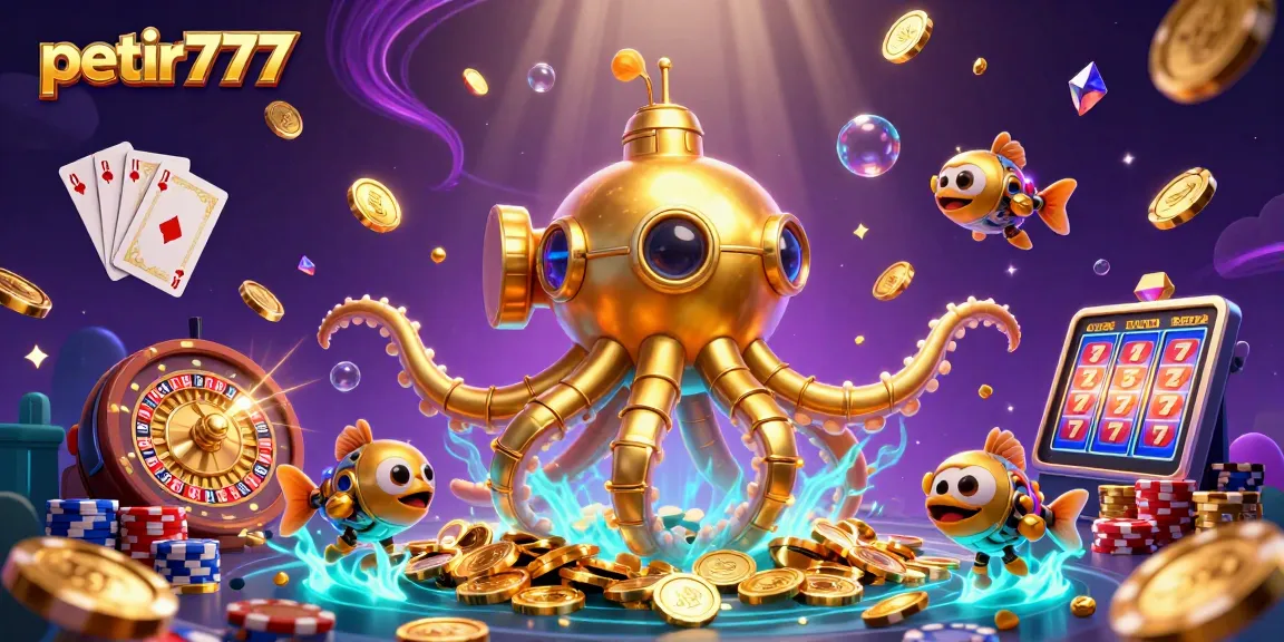 Engage with petir777’s vibrant casino adventure featuring a kraken submarine amidst golden coins.