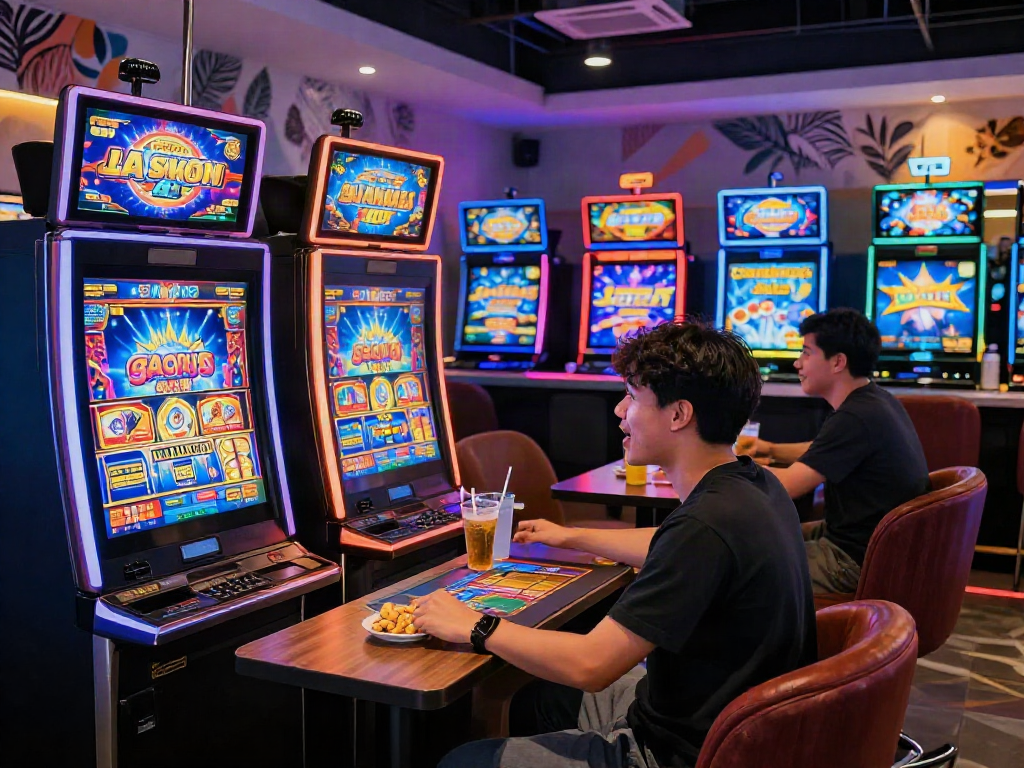 Excited player enjoying slot gacor 4d at a vibrant gaming lounge, reflecting modern gambling trends.
