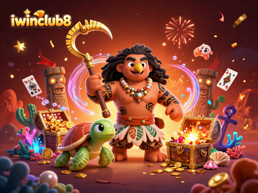 Engage with iwinclub8’s vibrant casino adventure featuring a demigod and treasure-filled underwater scene.