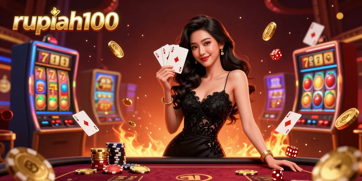 Play exciting games at rupiah100, featuring a glamorous woman holding aces in a luxurious casino.