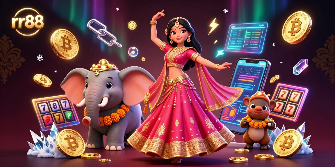 Experience the vibrant energy of rr88, showcasing an Asian woman dancing amidst vibrant casino elements.