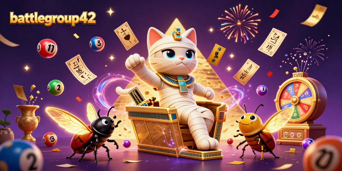 Win big with battlegroup42 in a vibrant casino scene featuring a mummy cat, confetti, and floating lottery elements.