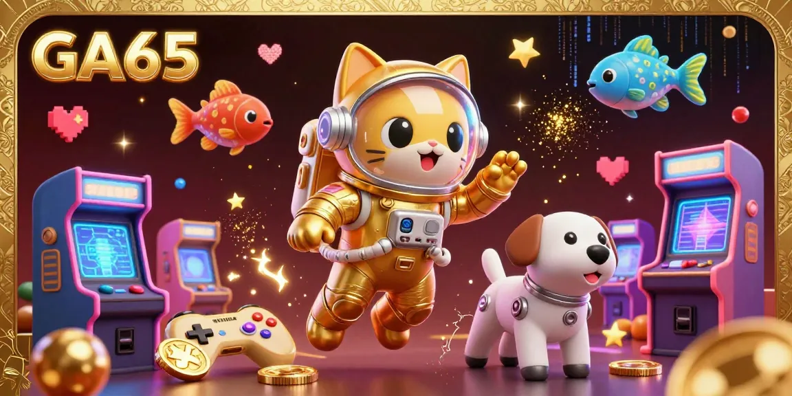 Experience GA65's thrilling gaming environment with a cartoon astronaut cat and robot dog in a vibrant arcade scene.