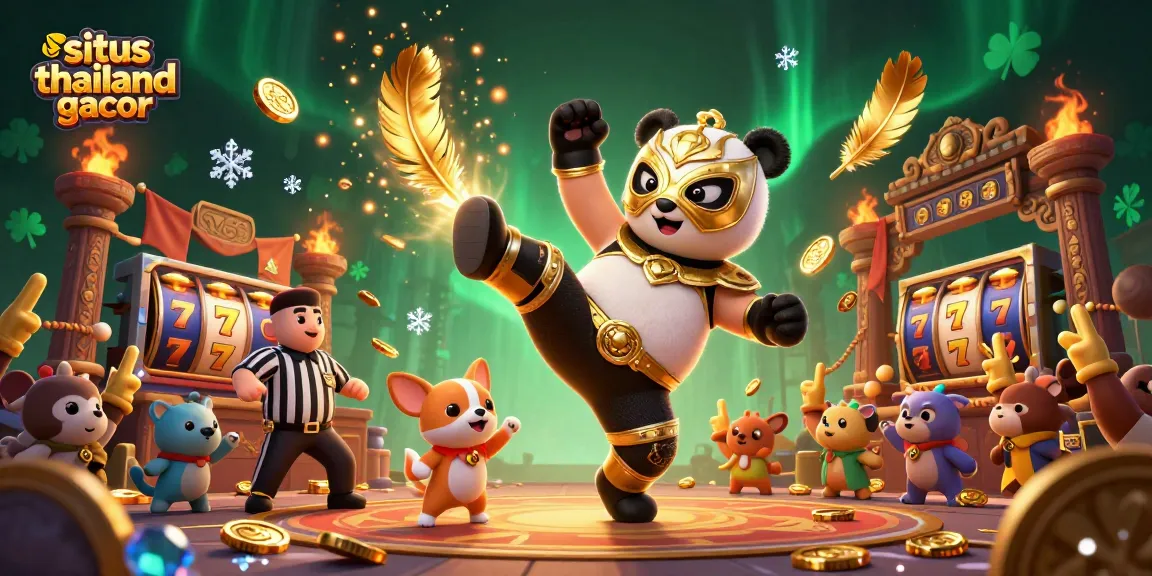 Engage with situs thailand gacor featuring a playful wrestling panda amidst dynamic slot reels and a lively crowd.
