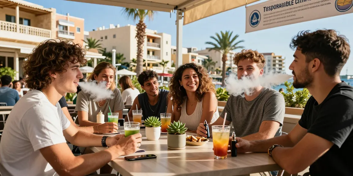 Legal vaping age in Cyprus highlighted in a vibrant café scene with friends enjoying CBD beverages and safe vaping practices.