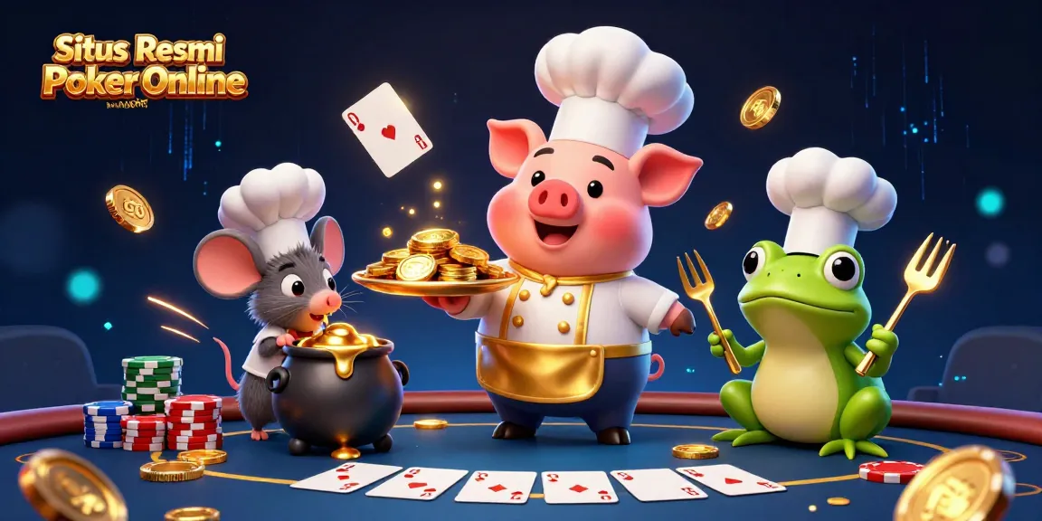 Situs Resmi Poker Online Nagapoker showcases a lively 3D poker scene with unique characters like a chef pig, tasting mouse, and critic frog.