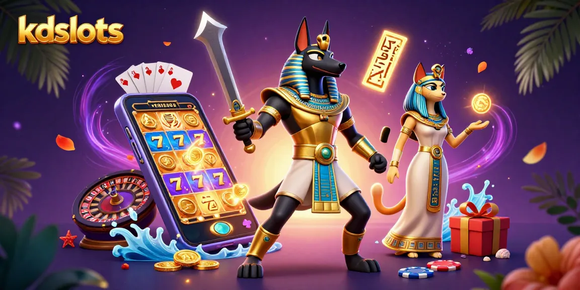 KDslots showcases an ancient Egyptian warrior with a golden khopesh sword and glowing slot game elements for an immersive gaming experience.
