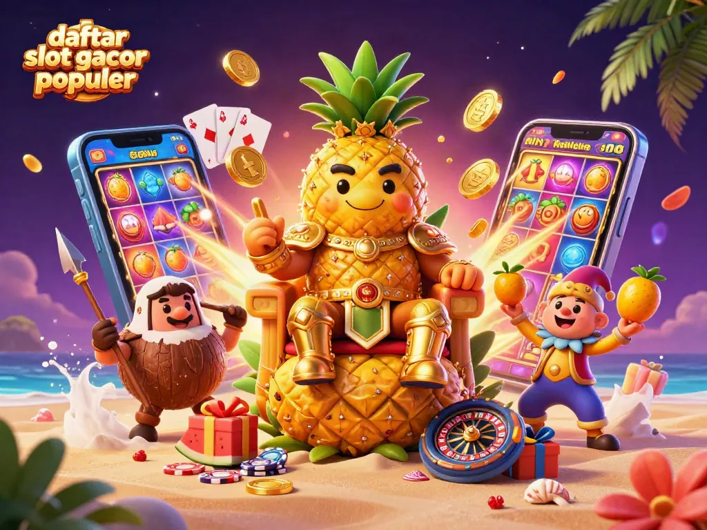 Menampilkan daftar slot gacor populer, protagonis kasual dan simbol permainan yang meriah.